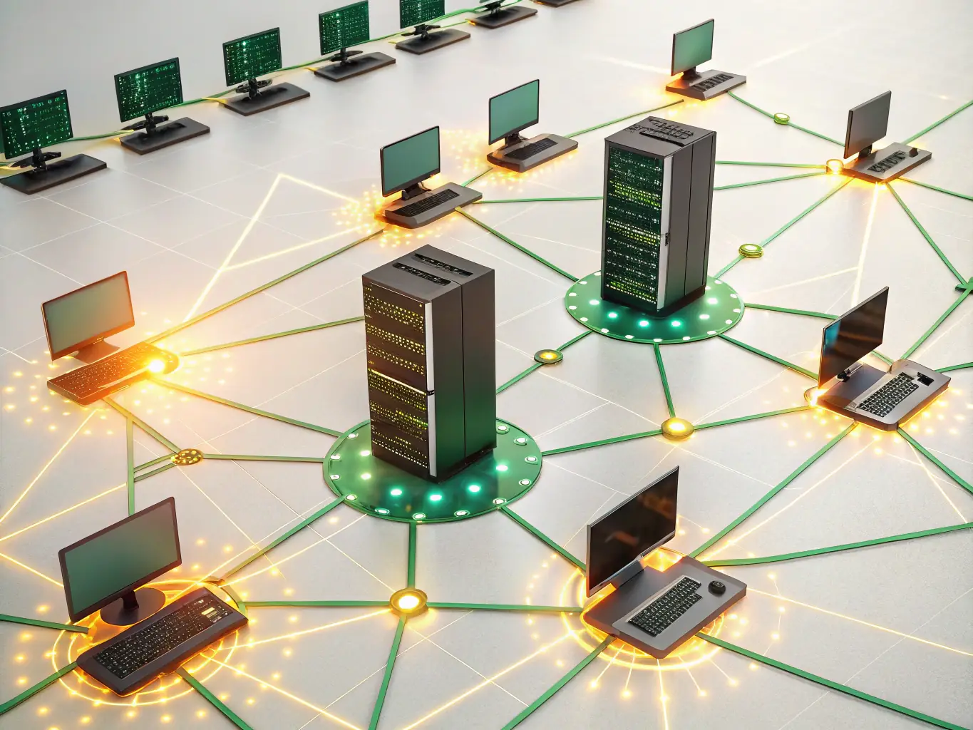 A digital illustration depicting interconnected computer networks and data streams, symbolizing comprehensive IT solutions.
