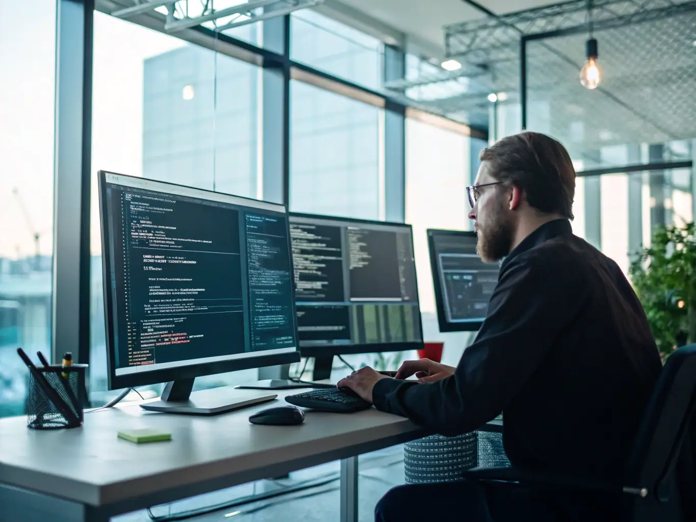 A software developer working on a clean, modern code interface, highlighting GERWITT's focus on creating efficient and reliable software solutions.