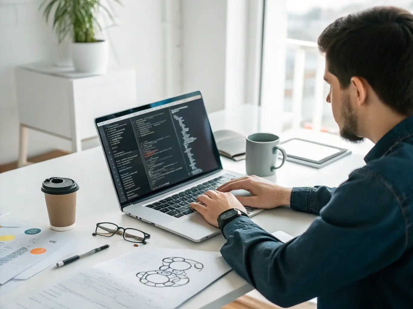 An image of a developer working on code in a modern office environment, illustrating software development activity.