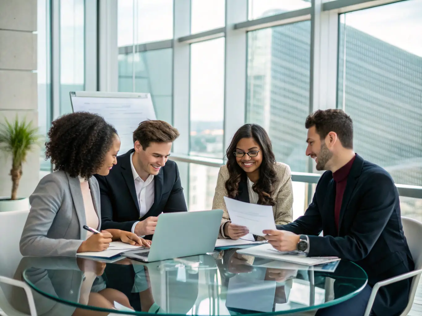 A diverse team of IT professionals collaborating in a modern office environment, showcasing GERWITT's commitment to teamwork and innovation.
